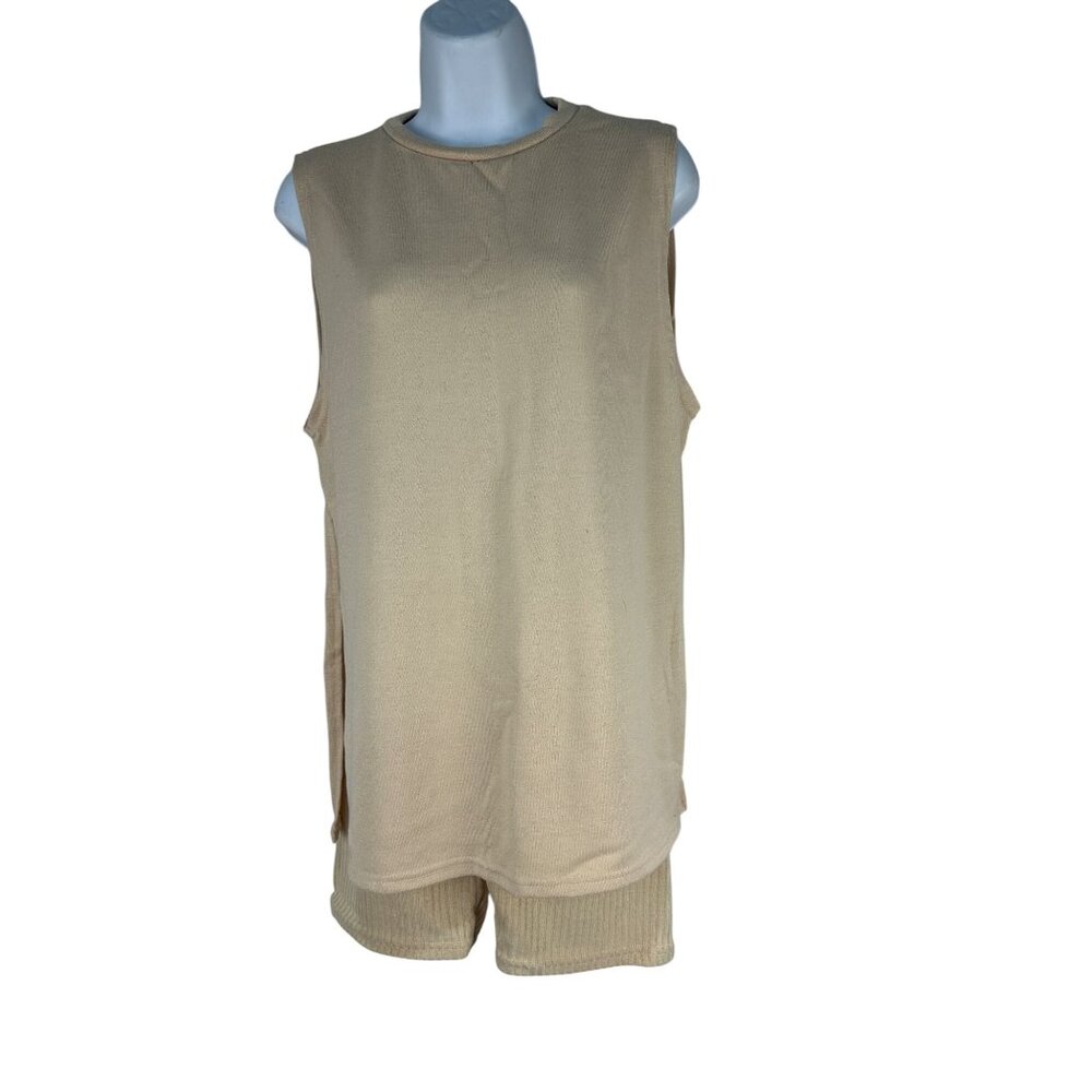 Sleeveless Beige Lounge Set Women’s Small 2-Piece Top & Ribbed Knit Shorts